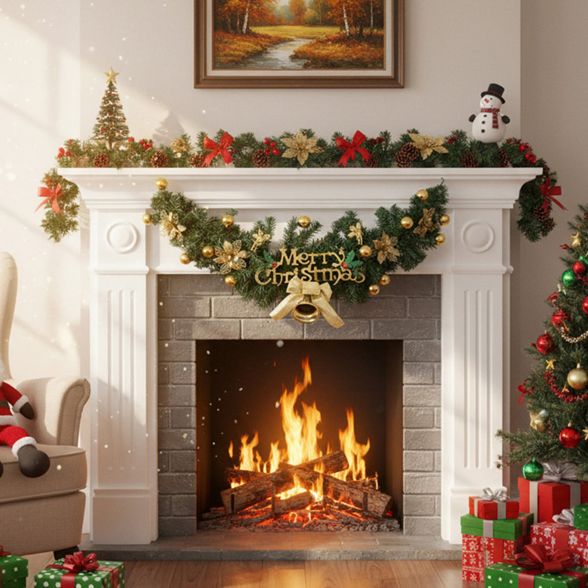 Christmas Wreath with Gold Flowers and Pinecone