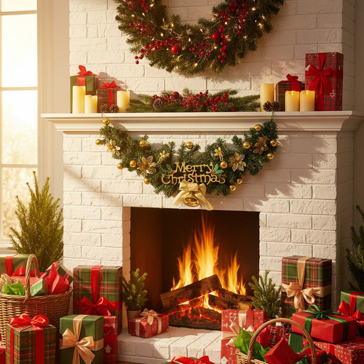 Christmas Wreath with Gold Flowers and Pinecone