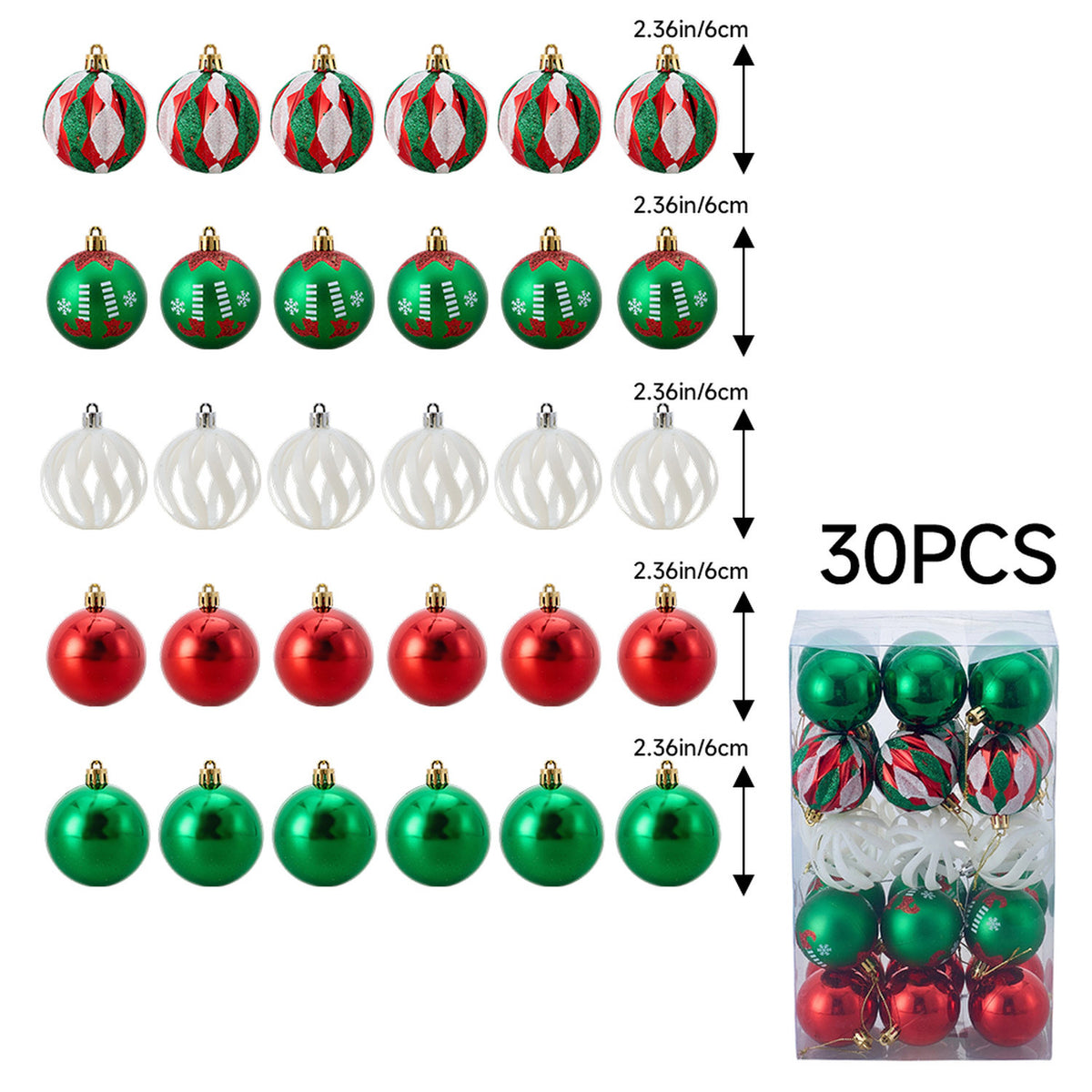 Christmas Bauble Set Red Green White 30 Pack