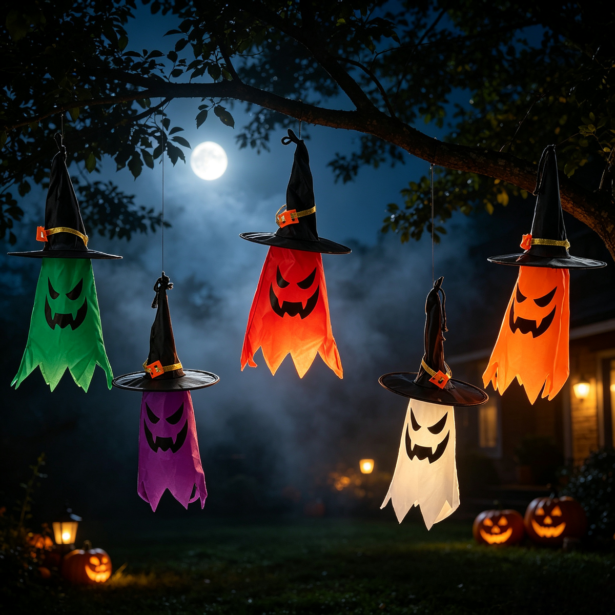 Halloween LED Light Up Hanging Ghost Witch Hats 5 Pack