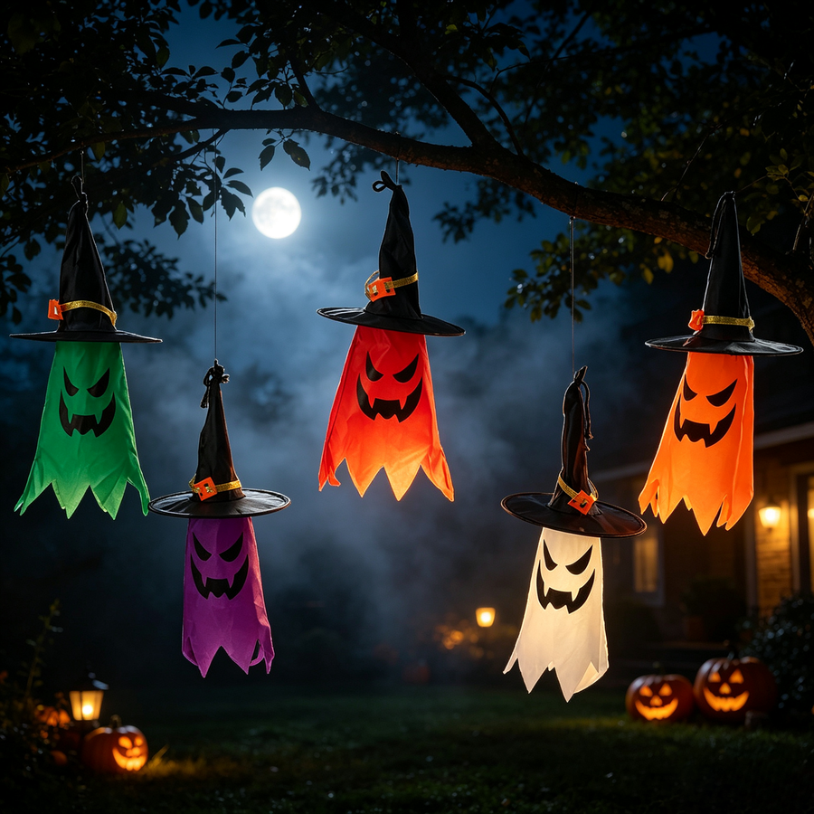 Halloween LED Light Up Hanging Ghost Witch Hats 5 Pack
