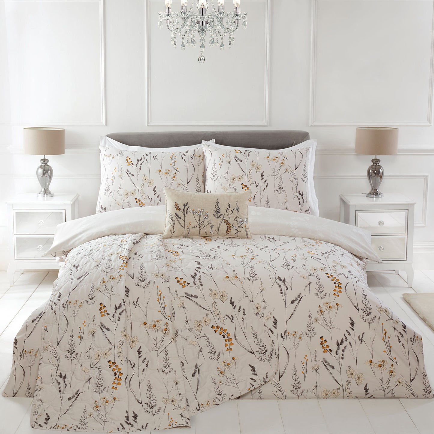 Becky Natural Floral Quilted Throw (240cm x 160cm)
