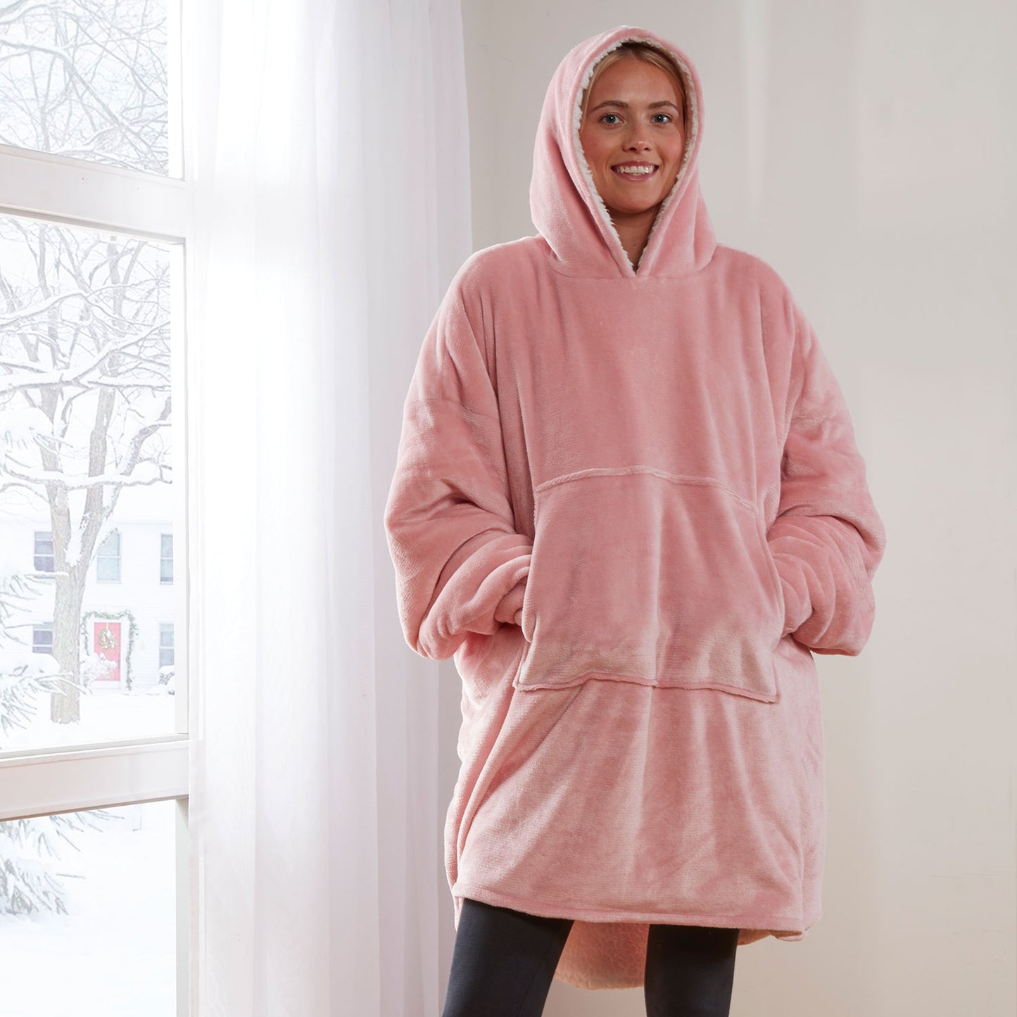 Blush Pink Oversized Sherpa Lined Flannel Fleece Hoodie