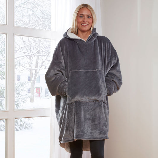 Charcoal Grey Oversized Sherpa Lined Flannel Fleece Hoodie
