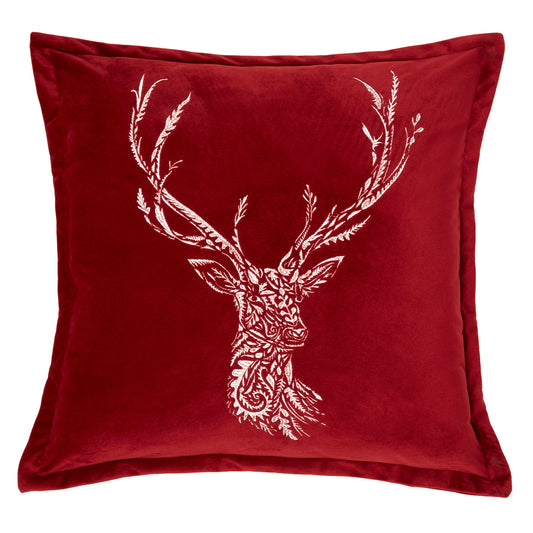 Nordic Stag Claret Embroidered Cushion (43cm x 43cm)