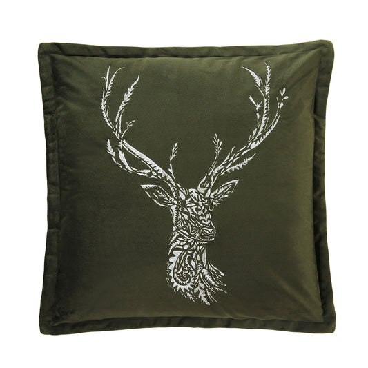 Nordic Stag Olive Green Embroidered Cushion (43cm x 43cm)