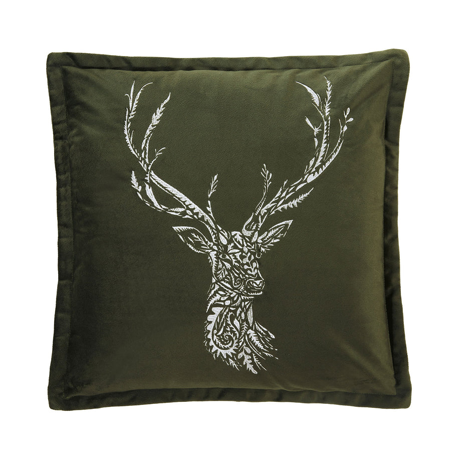 Nordic Stag Olive Green Embroidered Cushion (43cm x 43cm)