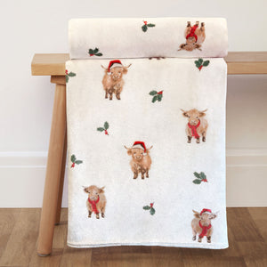 Henry Highland Cow Christmas Printed Fleece Throw (130cm x 150cm)