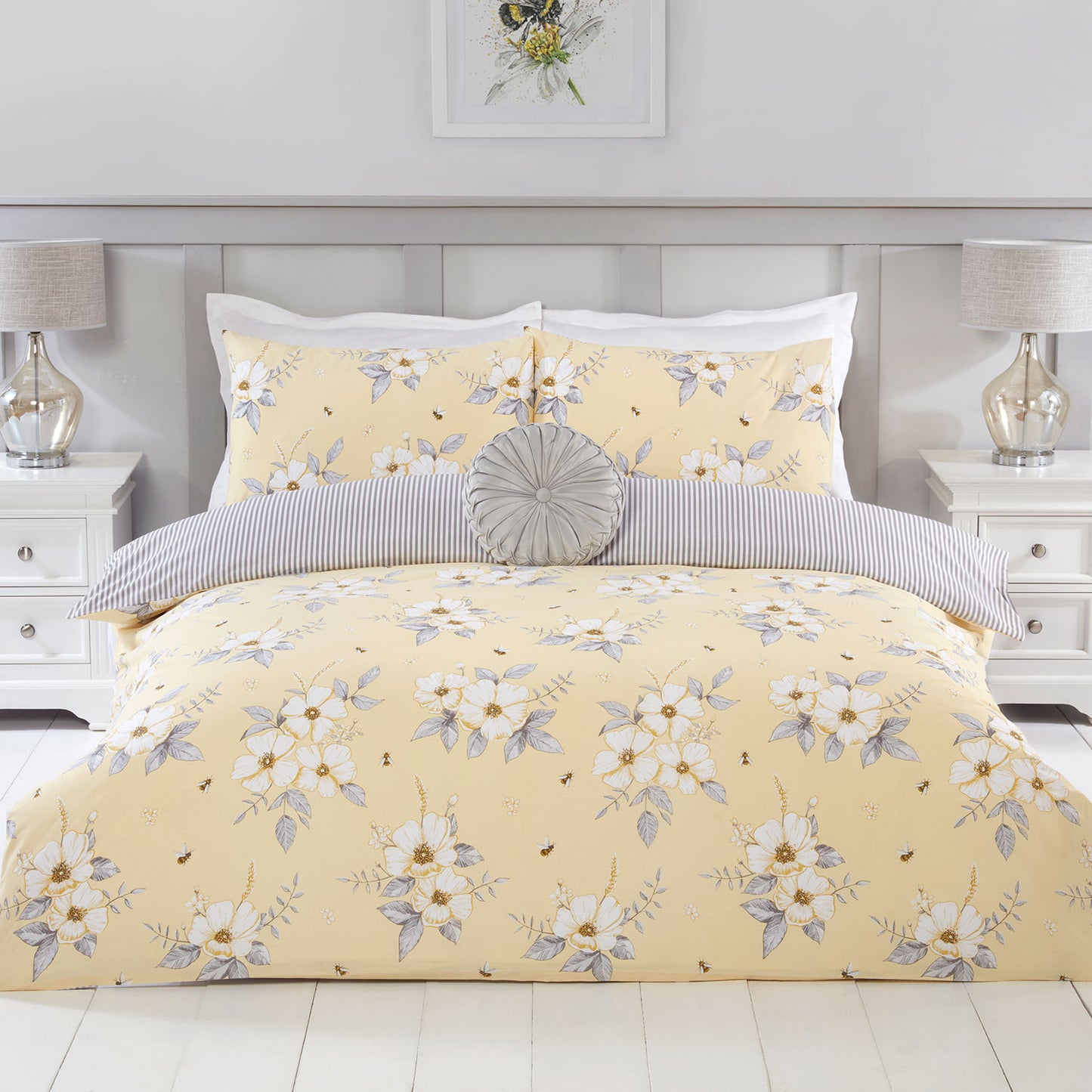 Flower Bee Lemon Yellow Reversible Duvet Set