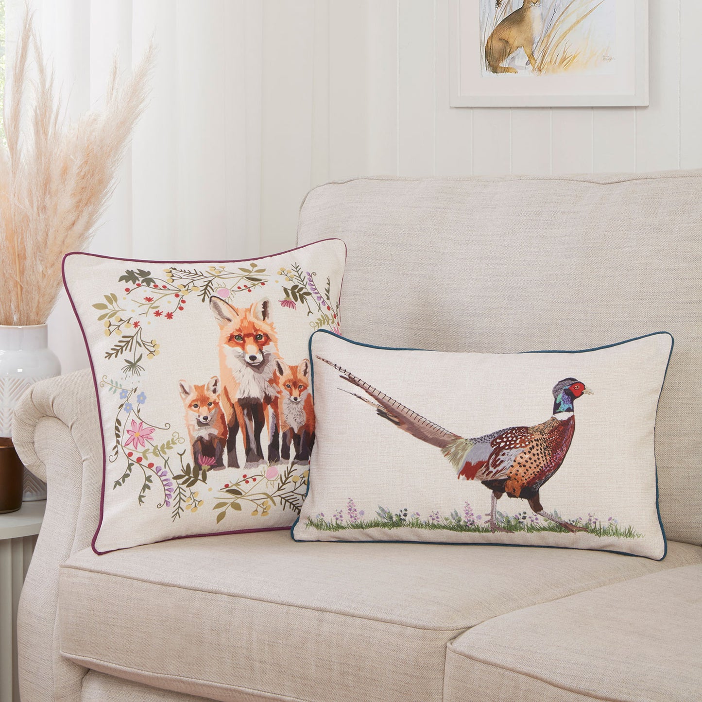 Pheasant Natural Printed Canvas Cushion (30cm x 50cm)