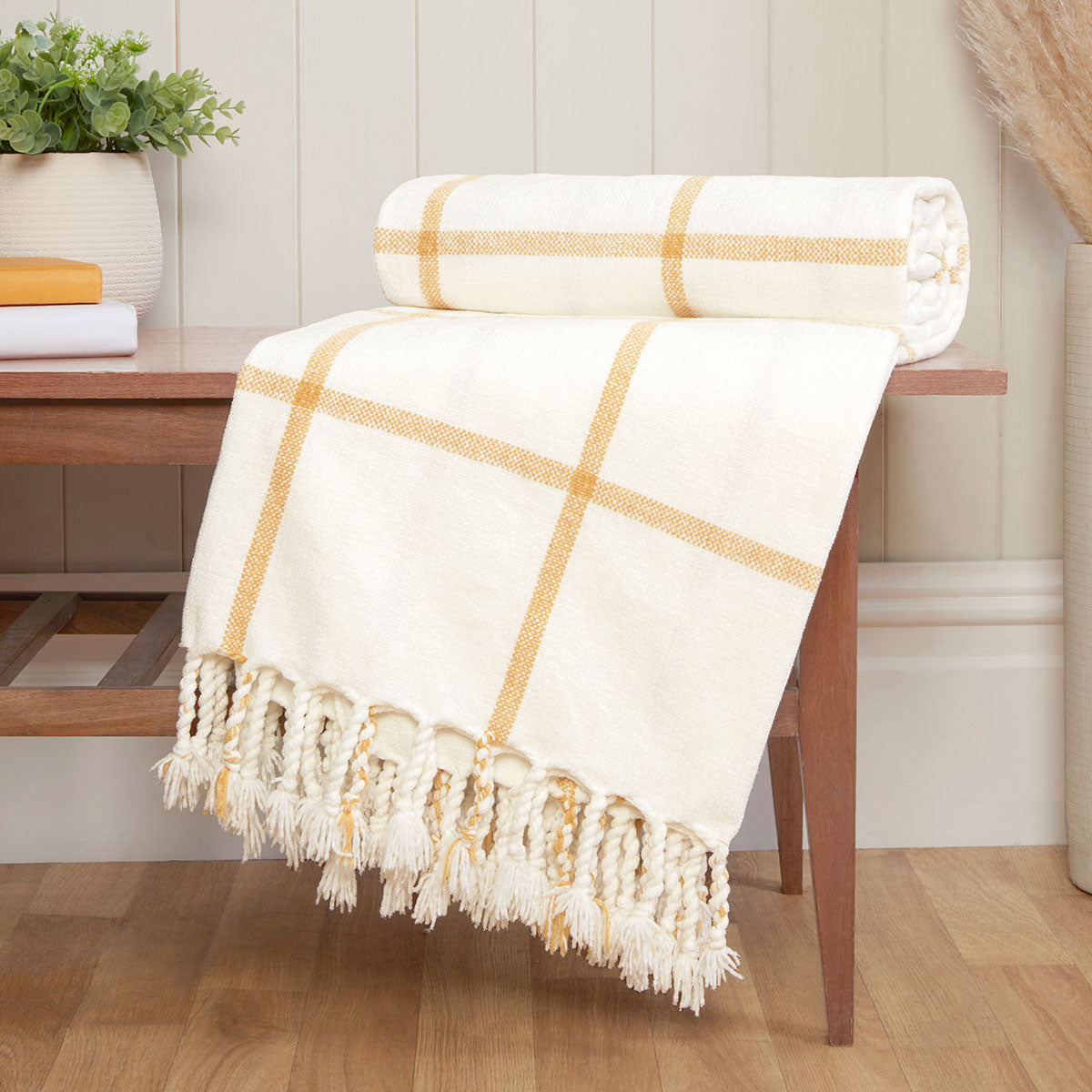 Freya Ochre Chenille Check Throw (130cm x 180cm)