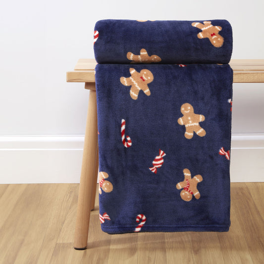 Gingerbread Men Printed Navy Fleece Throw (130cm x 150cm)