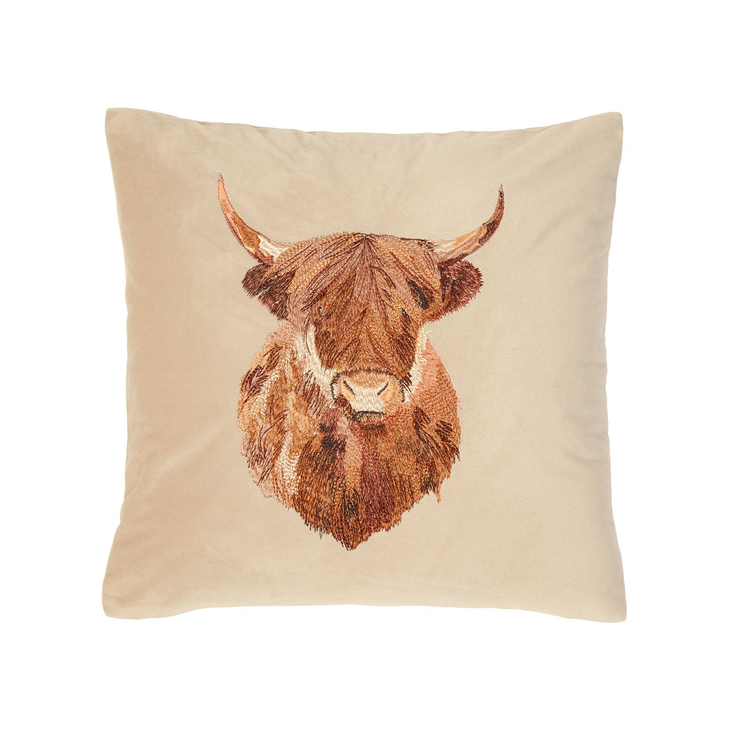 Harold The Highland Cow Natural Embroidered Velvet Cushion (43cm x 43cm)