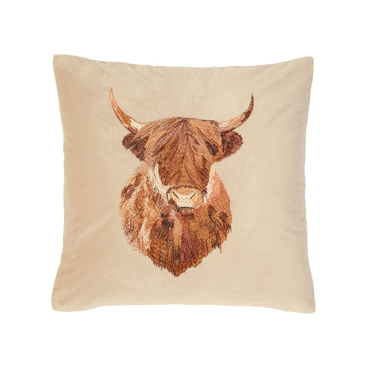 Harold The Highland Cow Natural Embroidered Velvet Cushion (43cm x 43cm)