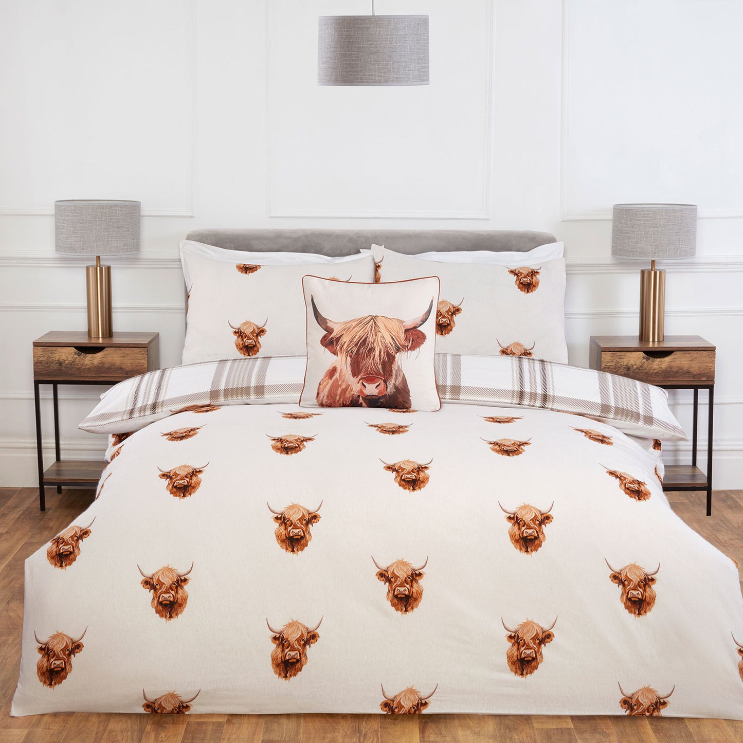 Henry Highland Cow Natural Brushed Cotton Reversible Duvet Set