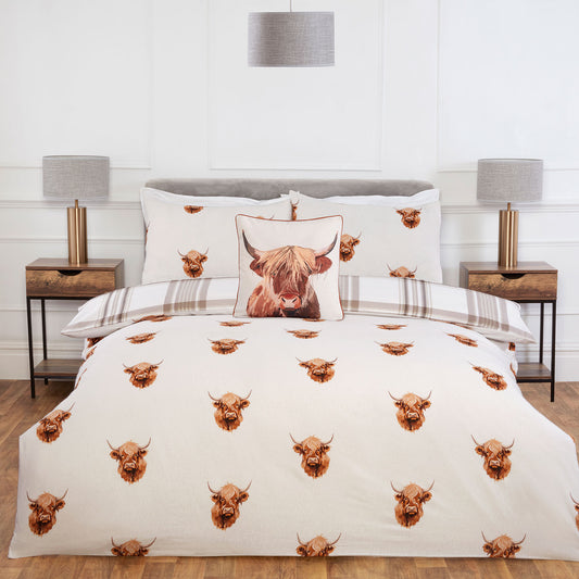 Henry Highland Cow Natural Brushed Cotton Reversible Duvet Set