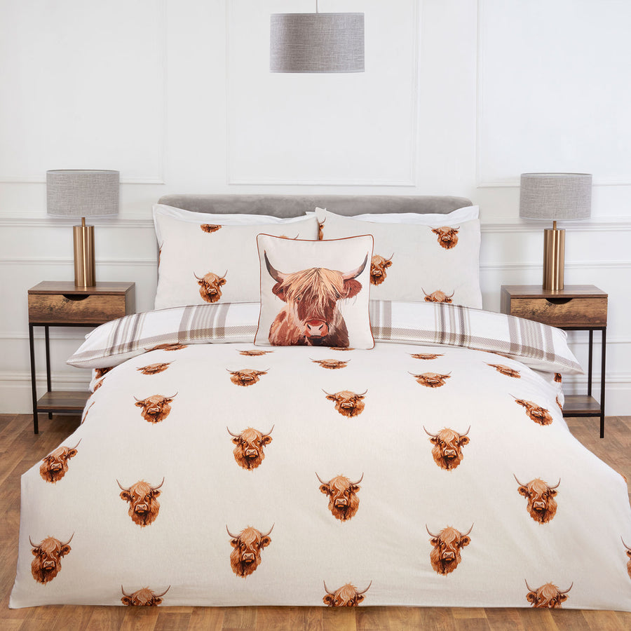Highland Cow Natural Brushed Cotton Reversible Duvet Set