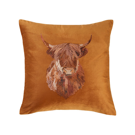 Harold Highland Cow Ochre Embroidered Velvet Cushion (43cm x 43cm)