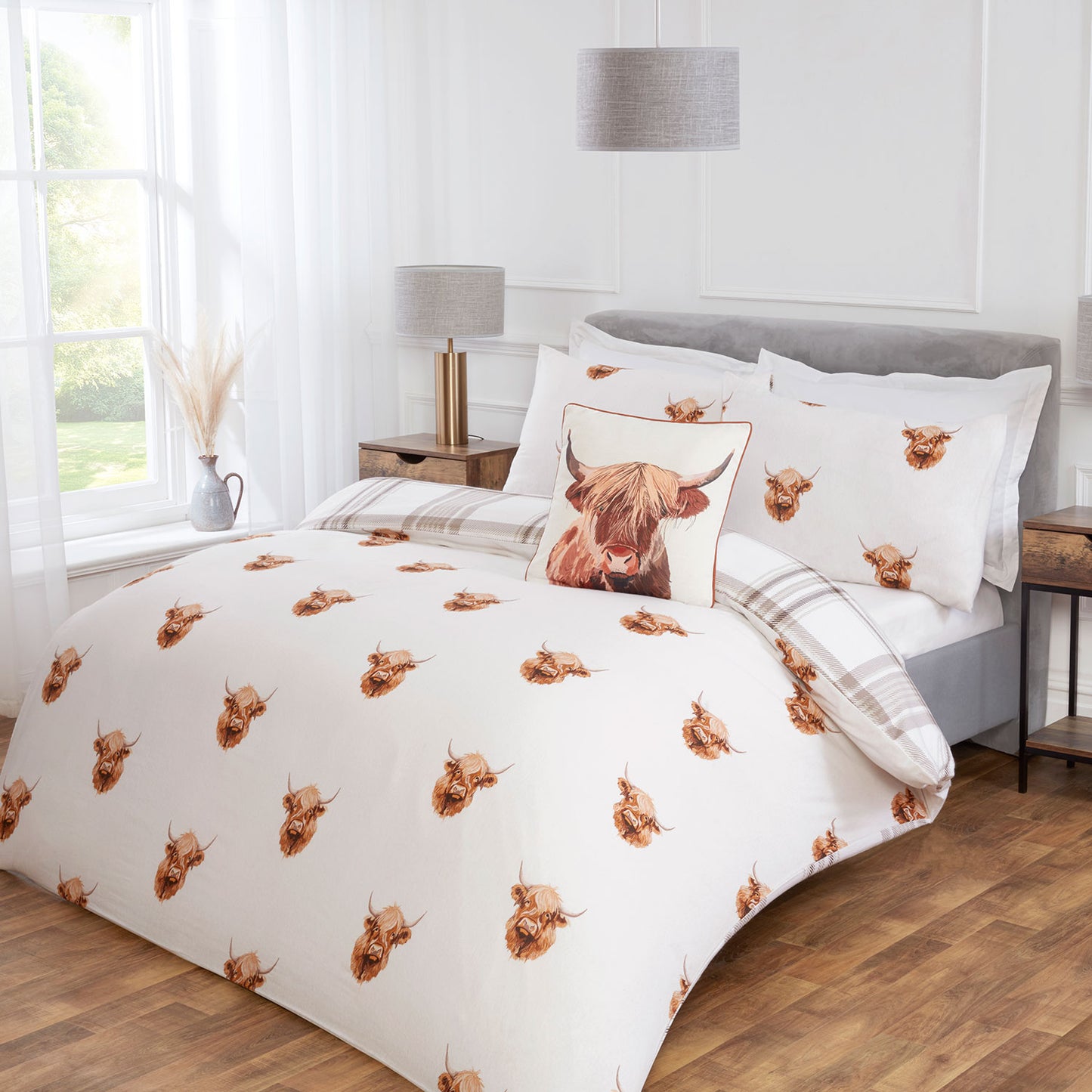Henry Highland Cow Natural Brushed Cotton Reversible Duvet Set