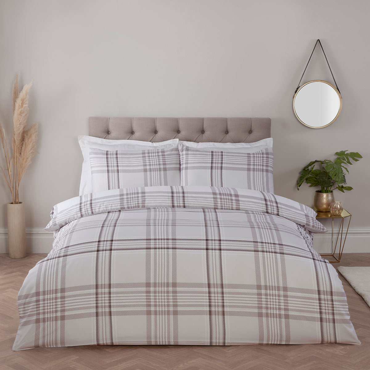 Keswick Natural Reversible Check Bedding Set With Fitted Sheet