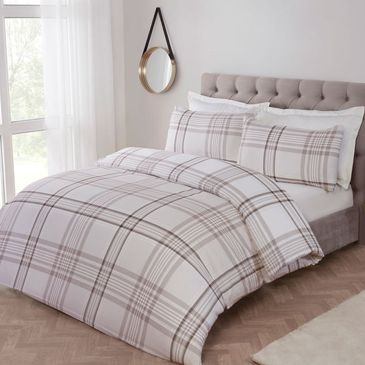 Keswick Natural Reversible Check Bedding Set With Fitted Sheet