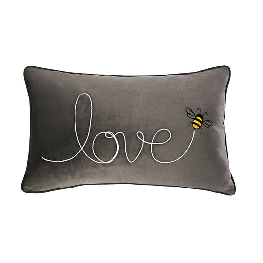 Charcoal Velvet Love Slogan Embroidered Bee Cushion (30cm x 50cm)