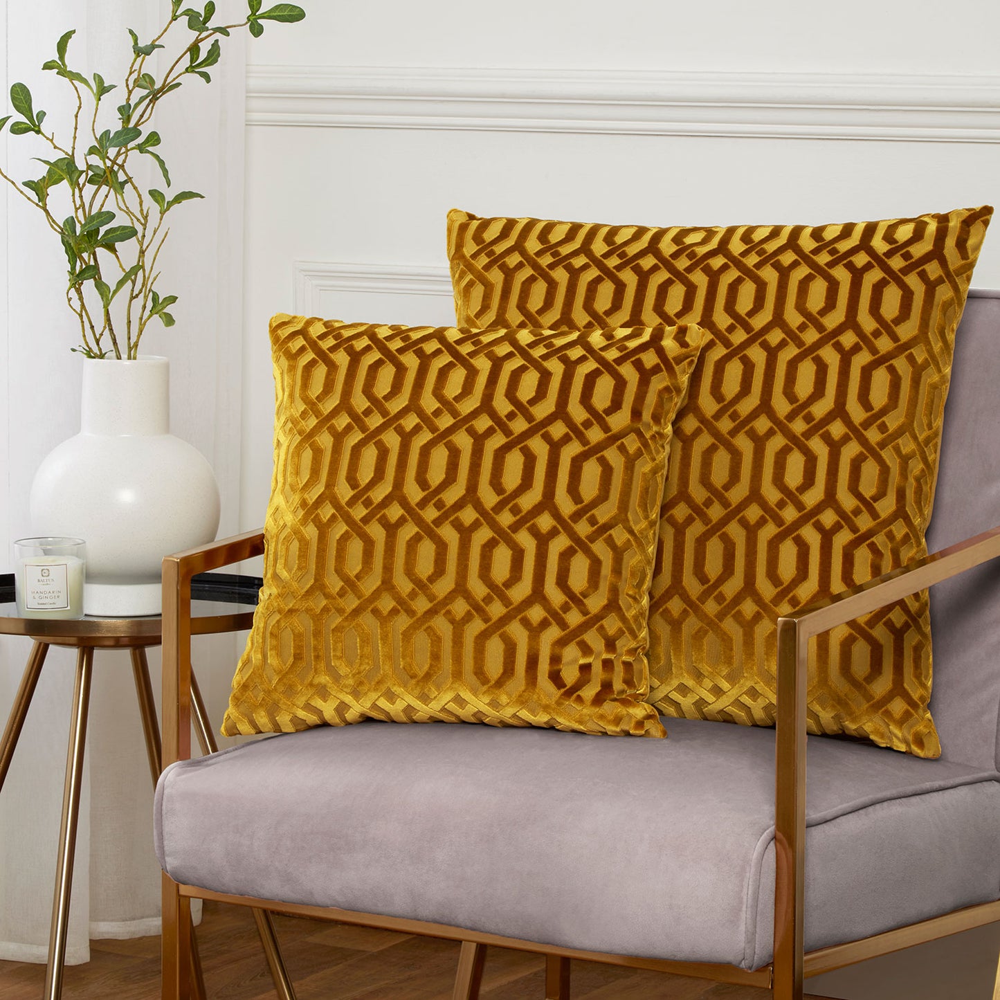 Mayfair Ochre Cut Velvet Cushion (43cm x 43cm)