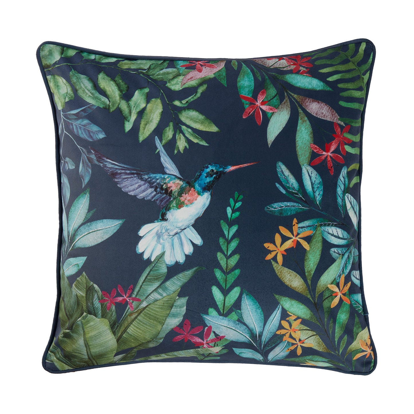 Hummingbird Navy Printed Velvet Cushion (43cm x 43cm)