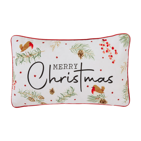 Merry Christmas Robins Printed Canvas Cushion (30cm x 50cm)