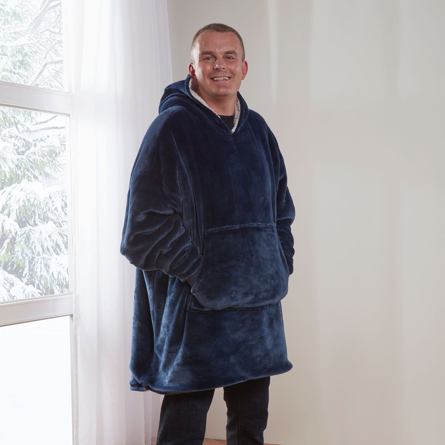 Navy Blue Oversized Sherpa Lined Flannel Fleece Hoodie