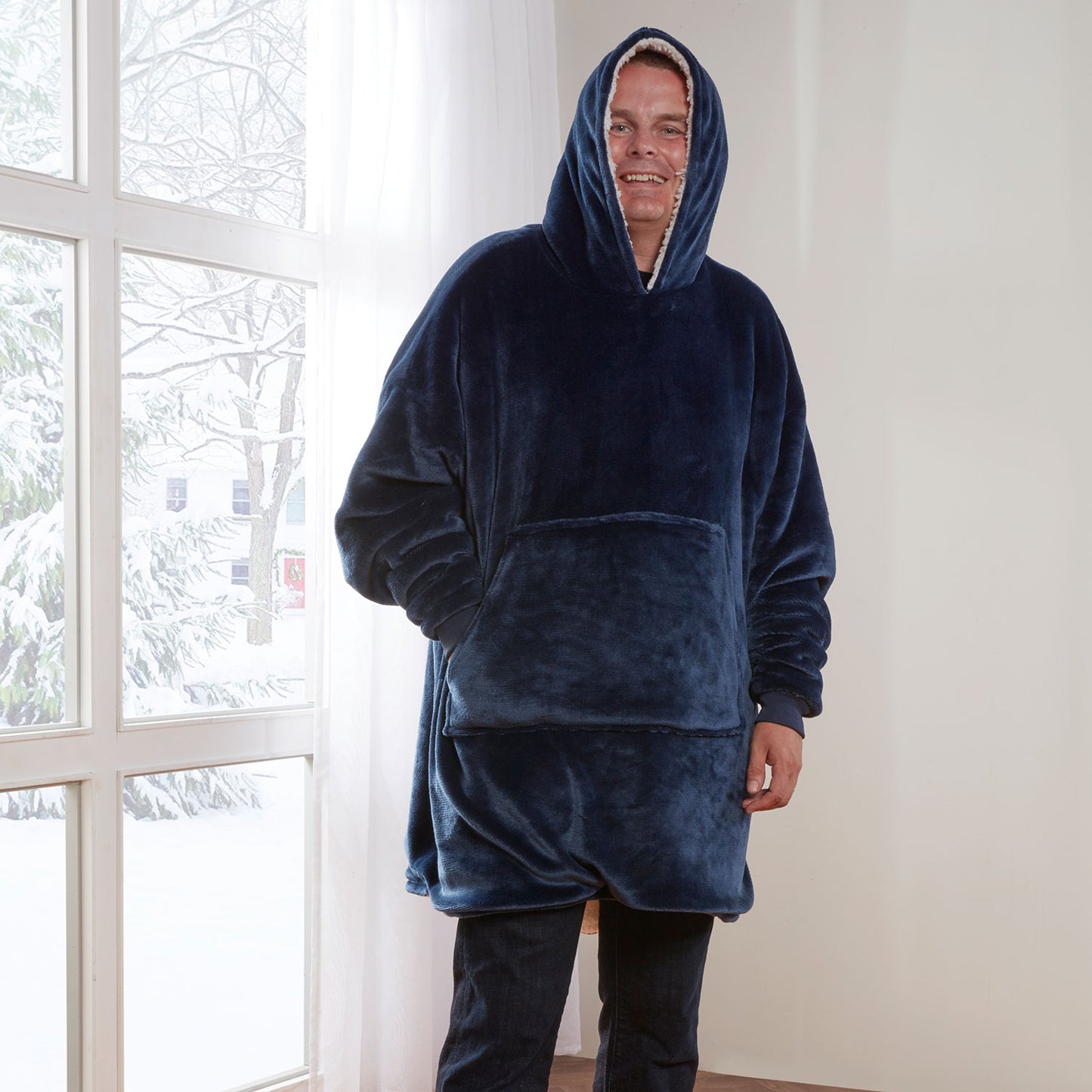 Navy Blue Oversized Sherpa Lined Flannel Fleece Hoodie