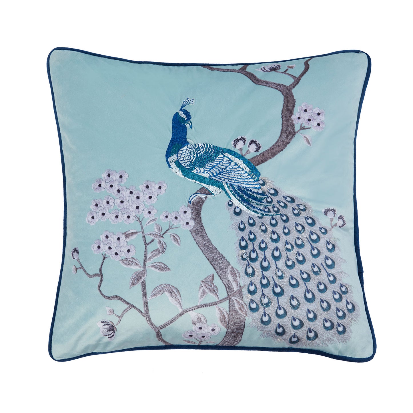 Penelope Peacock Blue Velvet Embroidered Cushion (43cm x 43cm)