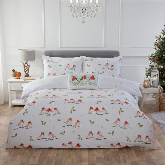 Robins and Holly Brushed Cotton Christmas Duvet Set