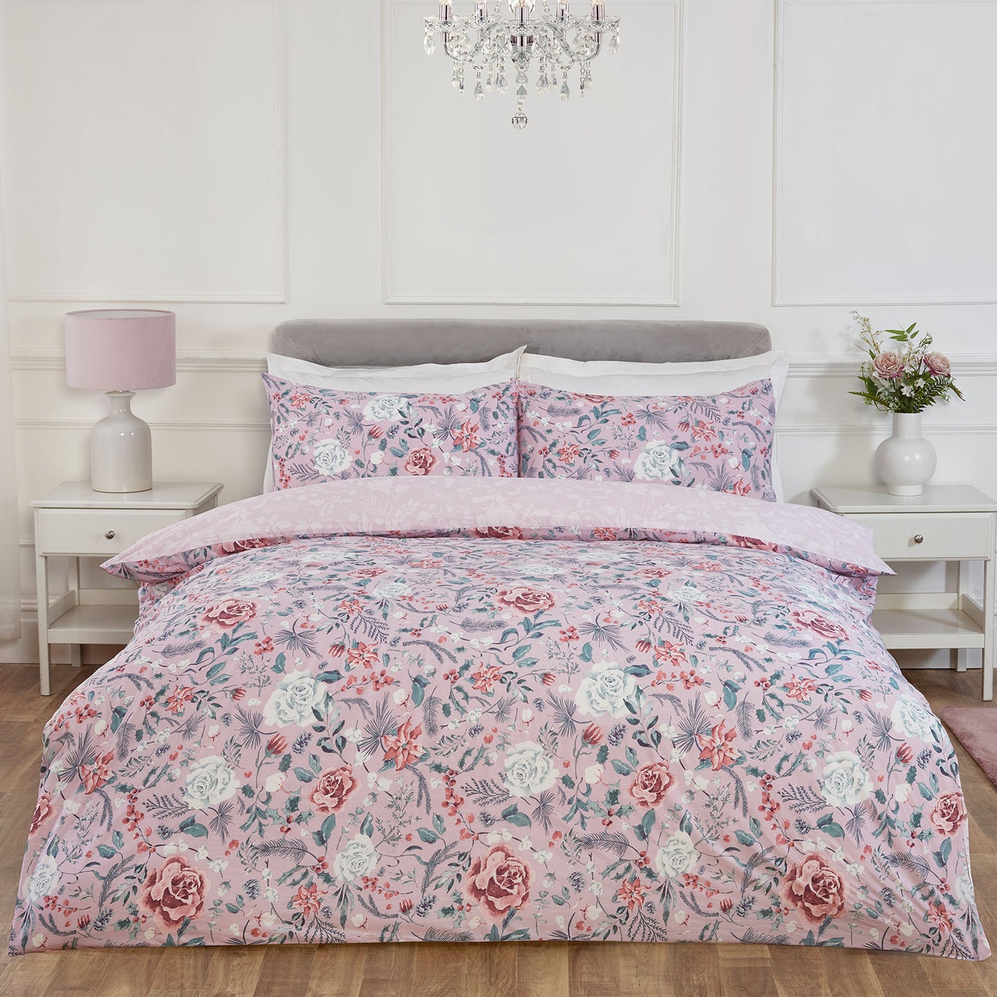 Rosa Blush Pink Winter Floral Reversible Duvet Set