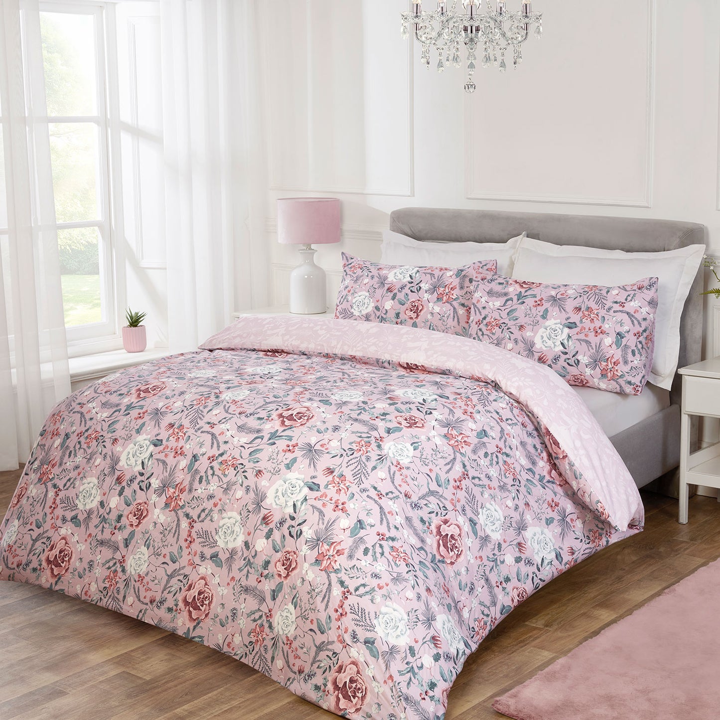 Rosa Blush Pink Winter Floral Reversible Duvet Set