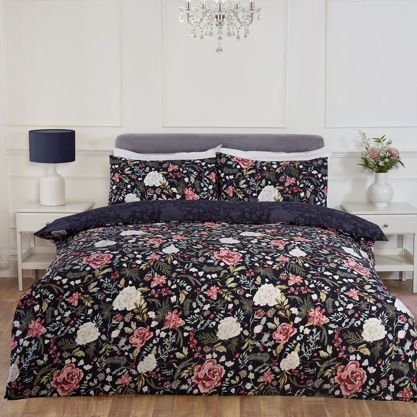 Rosa Navy Winter Floral Reversible Duvet Set