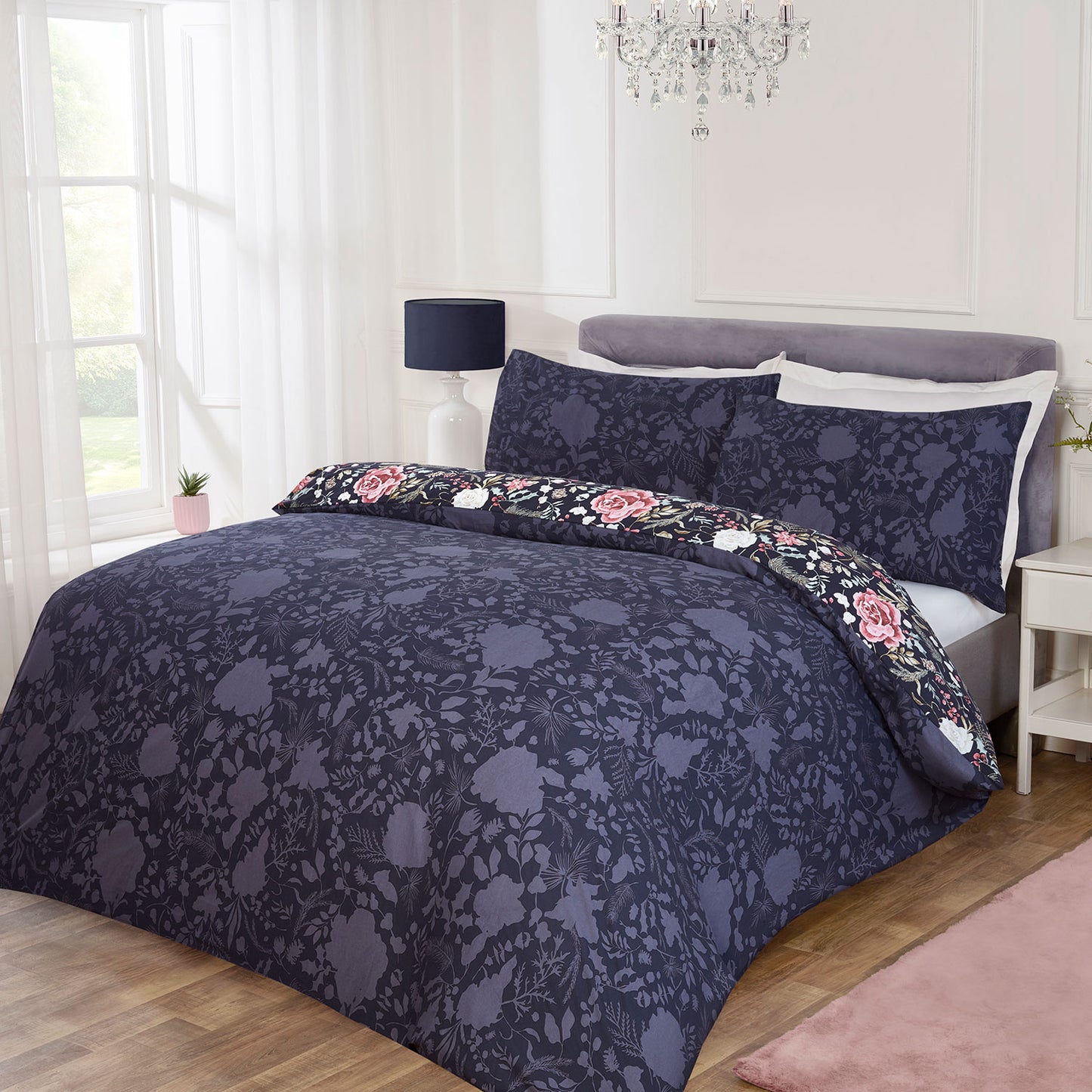 Rosa Navy Winter Floral Reversible Duvet Set