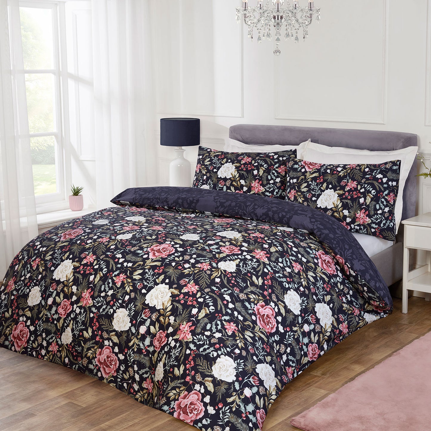 Rosa Navy Winter Floral Reversible Duvet Set
