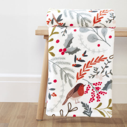 Scandi Robin Printed Fleece Throw (130cm x 150cm)