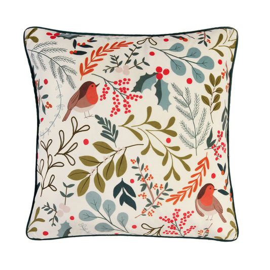 Scandi Robin Printed Velvet Cushion (43cm x 43cm)