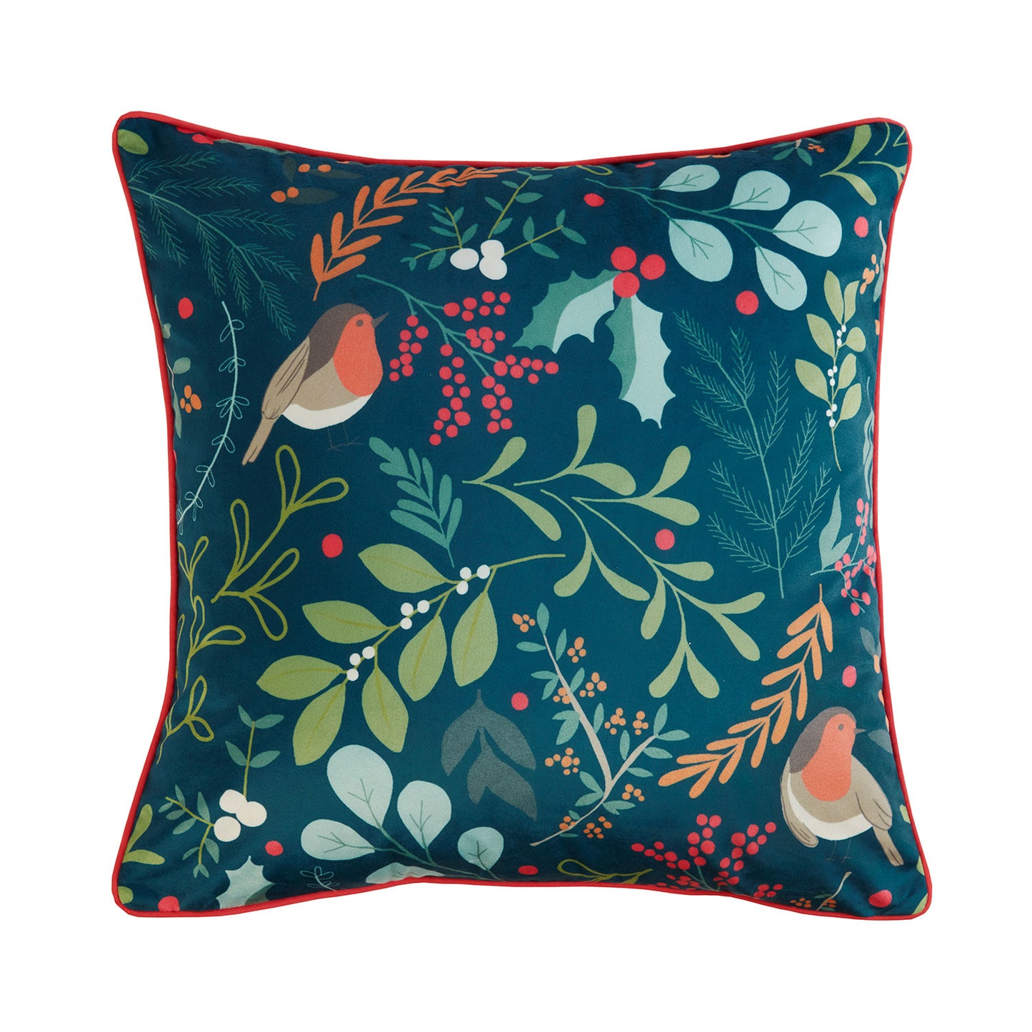 Scandi Robin Teal Printed Velvet Cushion (43cm x 43cm)