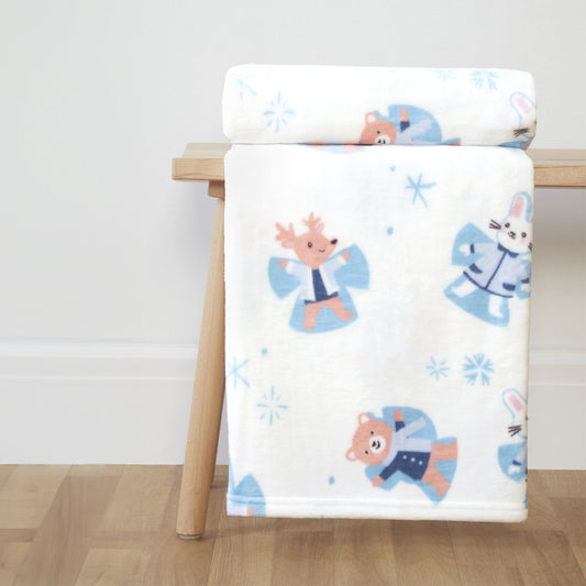 Snow Angel Friends White Printed Fleece Throw (130cm x 150cm)