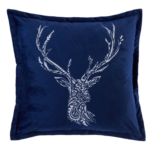 Nordic Stag Navy Embroidered Cushion (43cm x 43cm)