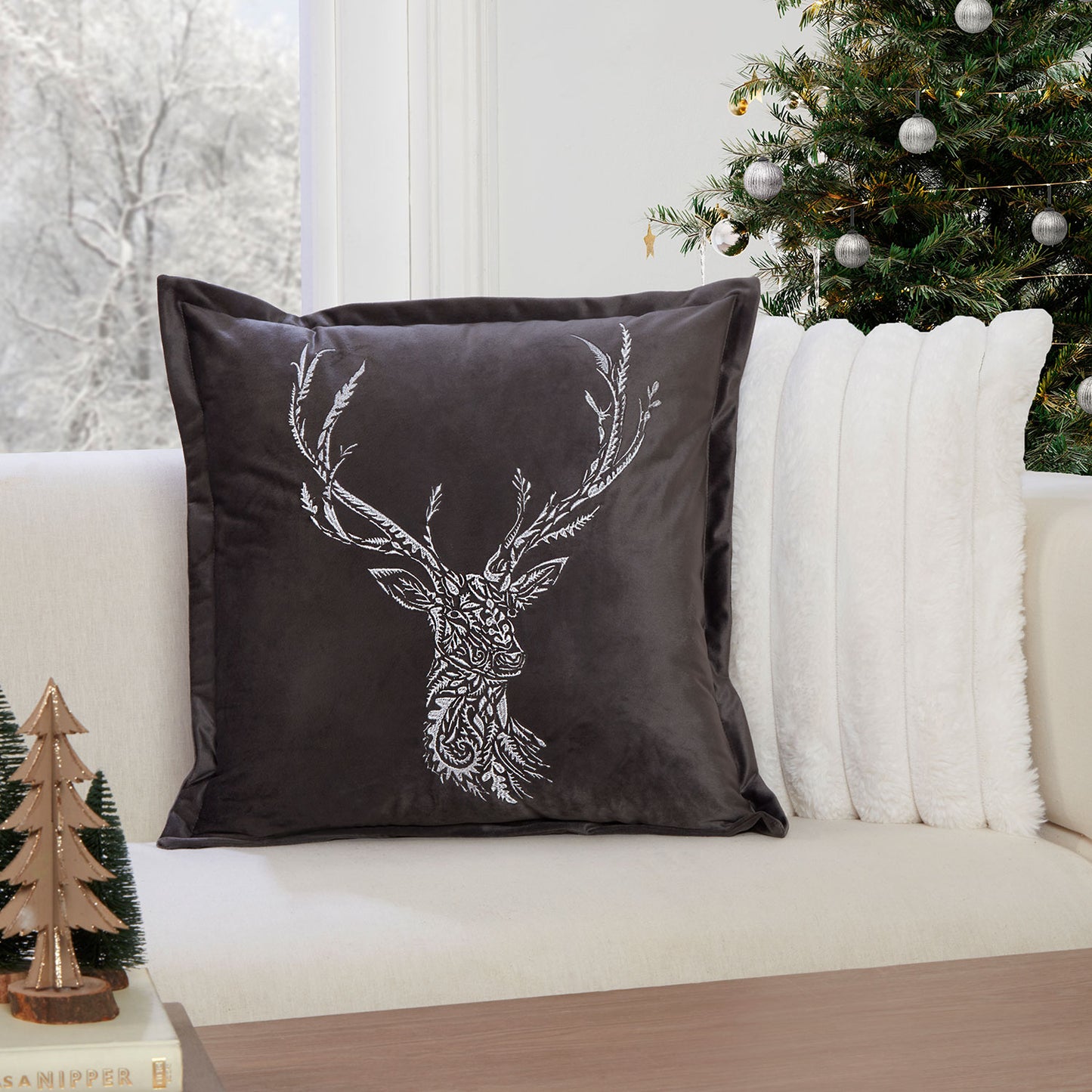 Nordic Stag Charcoal Embroidered Cushion (43cm x 43cm)