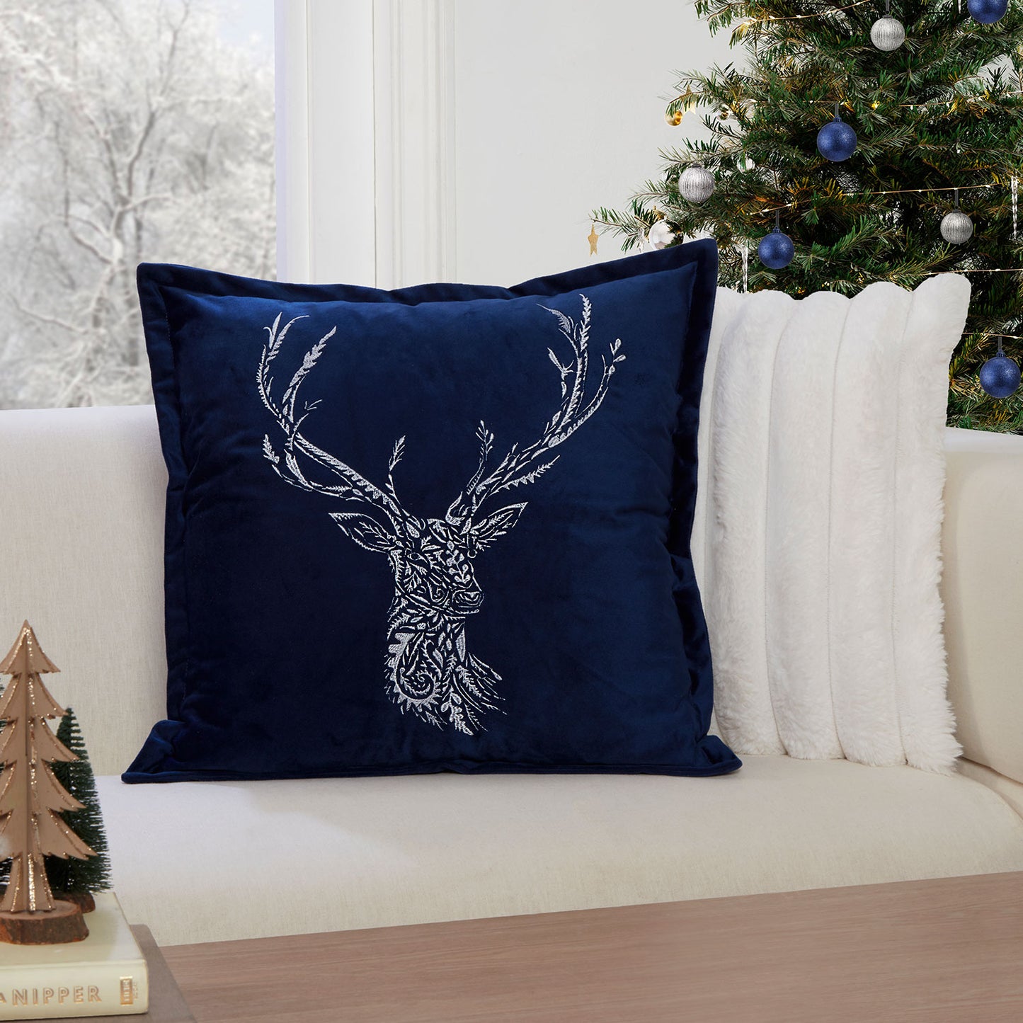 Nordic Stag Navy Embroidered Cushion (43cm x 43cm)