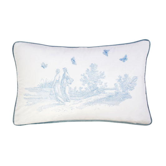 Toile Chambray Blue Velvet Boudoir Cushion (30cm x 50cm)