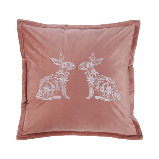 Ornate Hares Blush Pink Embroidered Cushion (43cm x 43cm)