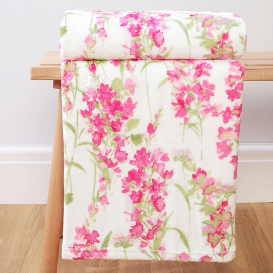 Wisteria Pink Floral Printed Fleece Throw (130cm x 150cm)