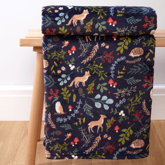 Woodland Navy Forest Friends Printed Fleece Throw (130cm x 150cm)