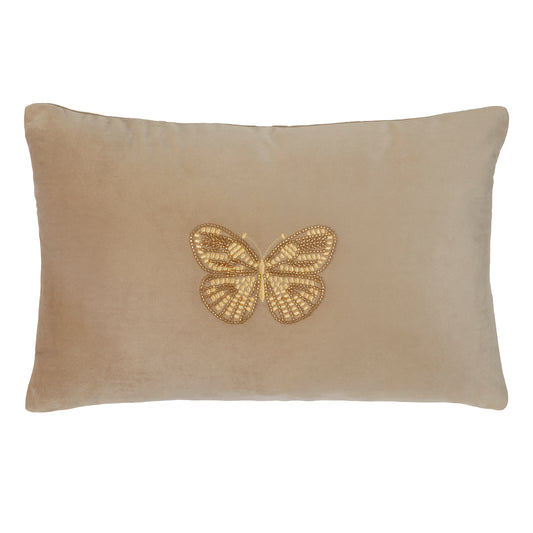 Ava Natural Velvet Beaded Butterfly Cushion (30cm x 50cm)